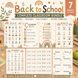 May include: A seven-page back to school classroom bundle featuring educational charts with a rainbow theme. Includes an alphabet chart, classroom rules, an I am affirmation sheet, months of the year, numbers 1 to 20, reward coupons, and labels.