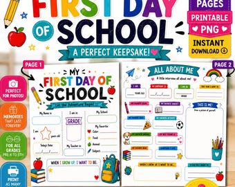 May include: A printable two-page set for the first day of school featuring colorful graphics of a pencil, apple, and backpack. The pages include fill-in-the-blank sections for a child's name, grade, teacher, and personal interests like favorite food and color.
