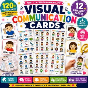 May include: A set of visual communication cards featuring 120+ printable illustrations for needs and feelings. The collection includes individual cards, sheets with grids of icons, and a lanyard-attached card holder for portable use.