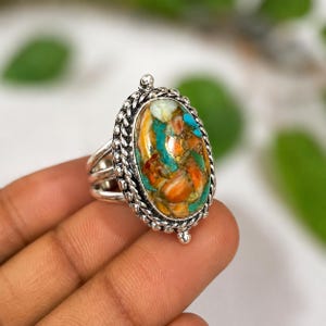 Anello Mohave in rame e turchese, anello con ostrica spinosa, anello ovale in argento, anello vintage boho, anello con pietre preziose multiple, regalo di compleanno per donne