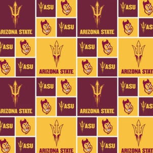May include: A repeating pattern fabric featuring a grid of maroon and gold squares. The design includes the Arizona State University trident logo, the text ASU, and the text Arizona State, alternating with a cartoon mascot face in maroon and gold.