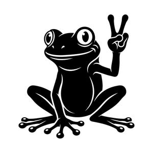 May include: A black and white graphic illustration of a frog in a seated position. The frog has large, round eyes and is holding up one of its front limbs with two fingers extended in a peace sign gesture. The design features bold, clean lines.