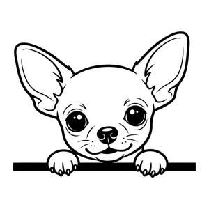 May include: A black and white line art illustration of a Chihuahua puppy head with large, expressive eyes and oversized ears. The puppy is depicted peeking over a solid horizontal black line, with its two front paws resting on the edge.