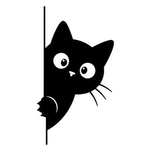 Puede incluir: Una silueta gráfica negra de un gato asomándose detrás de una línea vertical. El gato tiene ojos grandes y redondos, una nariz pequeña, orejas puntiagudas y bigotes, con una pata visible agarrando el borde de la línea vertical.