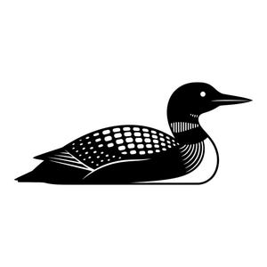 May include: A black and white graphic illustration of a common loon in profile. The bird features a solid black head and neck with a white eye, a white-spotted black back, and a white chest area with distinct black vertical line detailing.