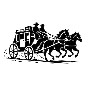 May include: A black and white graphic illustration of a stagecoach pulled by two galloping horses. Two figures wearing cowboy hats sit atop the carriage, which features large spoked wheels and a boxy frame, with dust clouds depicted at the base.