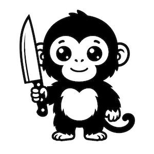 Pode incluir: Uma ilustração gráfica a preto e branco de um macaco de desenho animado com olhos grandes e um pequeno sorriso. O macaco está de pé e segura uma faca de cozinha grande na mão direita. O design apresenta linhas arrojadas.