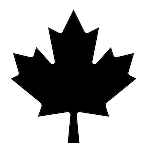 May include: A solid black silhouette of a maple leaf featuring a central lobe, two large side lobes, and two smaller lower lobes, all tapering to sharp points, with a short, straight stem extending from the base of the leaf shape.