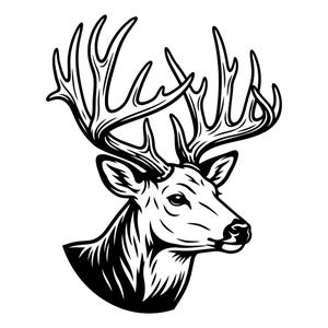 May include: A black and white graphic illustration of a deer head in profile, featuring detailed antlers with multiple points, sharp lines, and high contrast shading that defines the facial features and neck of the animal against a plain background.