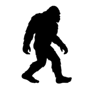 May include: A solid black silhouette of a large, hairy, bipedal creature walking in profile. The figure features a hunched posture, long arms, and shaggy fur texture along the edges of its body, depicted against a plain white background.