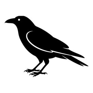 May include: A solid black silhouette of a crow standing in profile, facing left. The bird features a sharp beak, a small white circular eye, and detailed wing feathers defined by thin white lines against the solid black body shape.