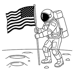 Puede incluir: Una ilustración de arte lineal en blanco y negro de un astronauta con traje espacial completo de pie sobre una superficie lunar con cráteres. El astronauta sostiene un asta con la bandera estadounidense, con estrellas y rayas, ondeando.