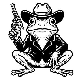 May include: A black and white graphic illustration of a frog wearing a cowboy hat and a suit jacket. The frog is in a seated position and is holding a revolver in its right hand. The design features bold lines and high contrast shading throughout.