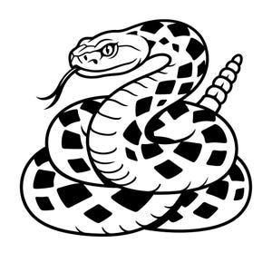 May include: A black and white graphic illustration of a coiled rattlesnake. The snake is depicted in a defensive posture with its head raised, mouth slightly open, a forked tongue extended, and a segmented rattle visible at the tail end.