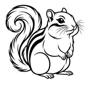 May include: A black and white line art illustration of a squirrel standing in profile. The design features bold, clean outlines, a large bushy tail with curved details, pointed ears, whiskers, and distinct stripes along the back and head.