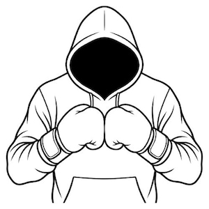 May include: A black and white line art illustration of a hooded figure wearing boxing gloves. The figure is shown from the chest up, with the hood pulled forward to obscure the face in shadow, while the hands are held in a defensive boxing stance.