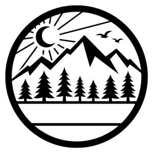 May include: A circular black and white graphic design featuring a mountain range silhouette above a row of seven pine trees. A crescent moon with radiating sun rays appears in the upper left corner, while two birds fly in the upper right sky.