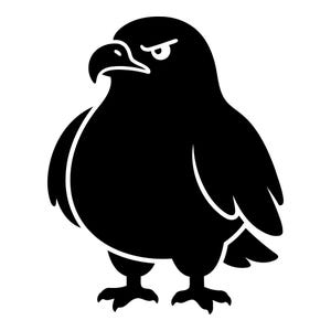 May include: A black and white graphic illustration of a stout eagle standing in profile. The bird features a rounded body, a sharp curved beak, and a focused, stern expression with a single visible eye. The design uses bold, solid shapes.