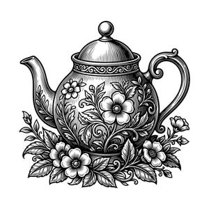 Pode incluir: Uma ilustração de arte linear a preto e branco de um bule com gravuras florais detalhadas no corpo. O bule tem um bico curvo, uma tampa com um botão redondo e uma pega, tudo rodeado por folhas detalhadas e flores.