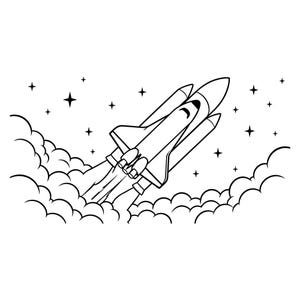 Puede incluir: Una ilustración de arte lineal en blanco y negro de un transbordador espacial despegando hacia el cielo. El transbordador está inclinado hacia arriba, emitiendo columnas de humo por sus motores, rodeado de nubes estilizadas y estrellas.