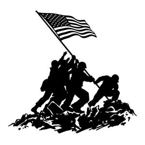 May include: A black silhouette graphic depicting several figures in military gear working together to raise a large American flag on a pole. The design captures the iconic scene of soldiers positioned on a rocky, uneven terrain during the action.