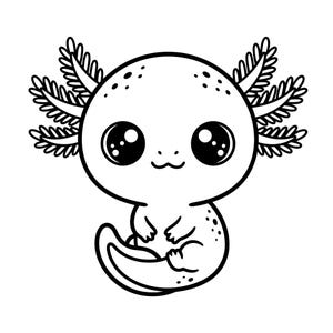 May include: A black and white line art illustration of an axolotl with large, round, dark eyes, a small mouth, and feathery external gills on both sides of its head. The creature has a rounded body, small limbs, and a curved tail with spots.