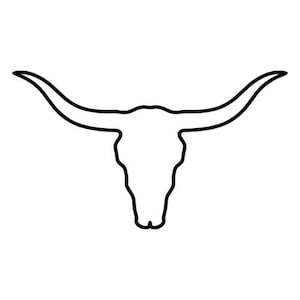 May include: A black and white line art illustration of a longhorn steer skull. The graphic features a clean, continuous black outline forming the shape of the skull with two long, curved horns extending outwards from the top of the cranium.