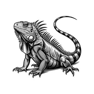 Puede incluir: Una ilustración en blanco y negro de un iguana. El lagarto se muestra de perfil, destacando escamas detalladas, una hilera prominente de espinas dorsales a lo largo de su espalda, una gran escama auditiva circular y una cola larga, curva y anillada.