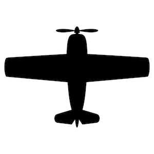 Pode incluir: Uma silhueta preta sólida de um avião de hélice monomotor visto diretamente de cima. O gráfico apresenta uma fuselagem central, duas asas longas e retas, uma seção de cauda traseira com estabilizadores horizontais e uma pequena hélice frontal.