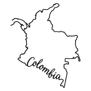 May include: A black line art illustration depicting the geographical outline of the country of Colombia. The word Colombia is written in a black cursive script font across the lower portion of the map shape against a plain white background.