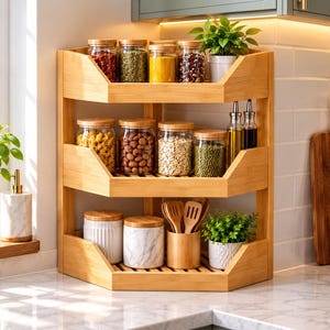 May include: A three-tiered bamboo corner shelf featuring glass jars with wooden lids filled with various spices, grains, and nuts. The shelf also holds two glass oil bottles, a bamboo utensil holder with wooden spoons, and two white marble-patterned canisters.