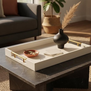 May include: A rectangular off-white serving tray with gold-toned metal handles. Inside the tray sits a matte black vase containing a dried plant stem, a small terracotta-colored bowl with green leaves, and a stack of three square white coasters.