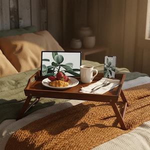 May include: A dark brown wooden breakfast tray with foldable legs, featuring a white plate with a croissant and strawberries, a white ceramic mug, a tablet displaying a plant graphic, a smartphone, and a napkin with a fork and knife.