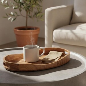May include: An oval wooden serving tray with integrated side handles, holding a white ceramic mug filled with a steaming dark beverage and a folded beige cloth napkin. The tray features a smooth, natural wood grain finish and rounded edges.