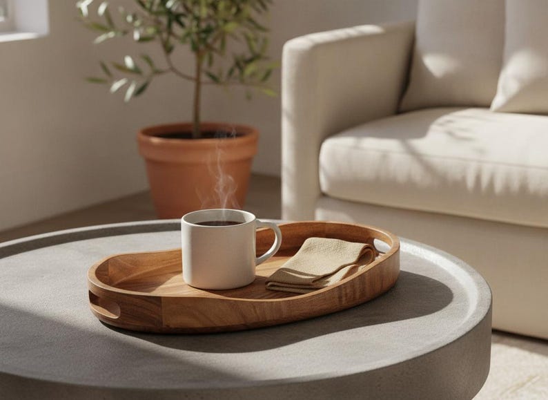 May include: An oval wooden serving tray with integrated side handles, holding a white ceramic mug filled with a steaming dark beverage and a folded beige cloth napkin. The tray features a smooth, natural wood grain finish and rounded edges.