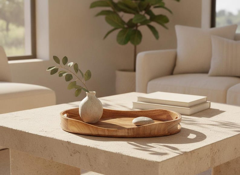 May include: An oval wooden tray with integrated handles, featuring a smooth, natural grain finish. Inside the tray sits a small, off-white ceramic bud vase containing a single green leafy stem, alongside a smooth, light-colored river stone.