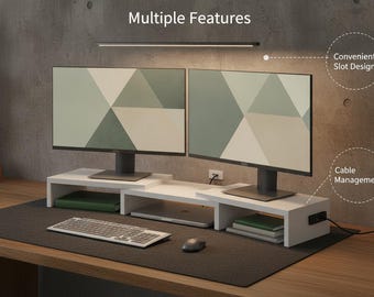 Adjustable Dual Monitor Stand Wooden Riser 31.5-42.5" Desktop Organizer White