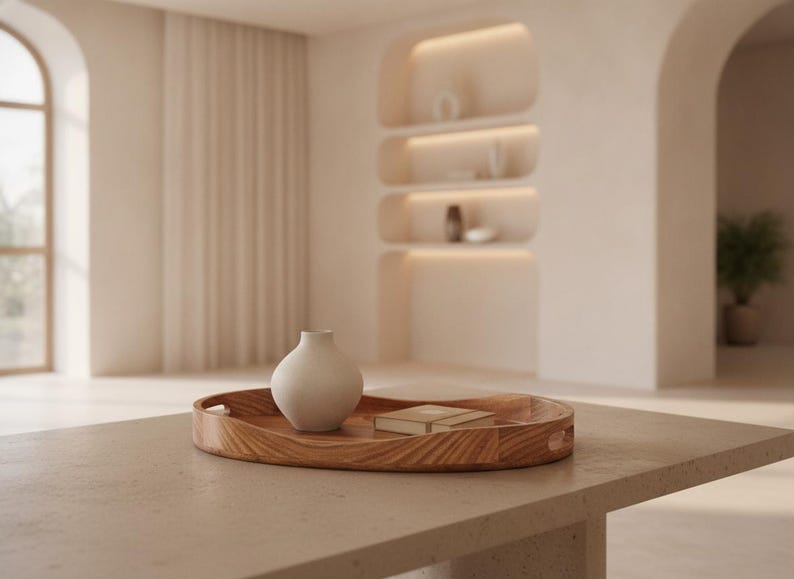 May include: A round wooden serving tray with integrated handles, featuring a prominent wood grain pattern. Resting on the tray is a small, matte, off-white ceramic vase with a rounded body and a narrow neck, alongside a small rectangular book.