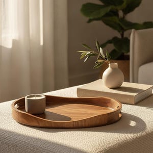 May include: A smooth, oval-shaped wooden tray with integrated side handles, featuring a warm brown wood grain. A small, cylindrical, light gray candle sits inside the tray, while a beige book and a small, round, off-white vase with green leaves sit nearby.