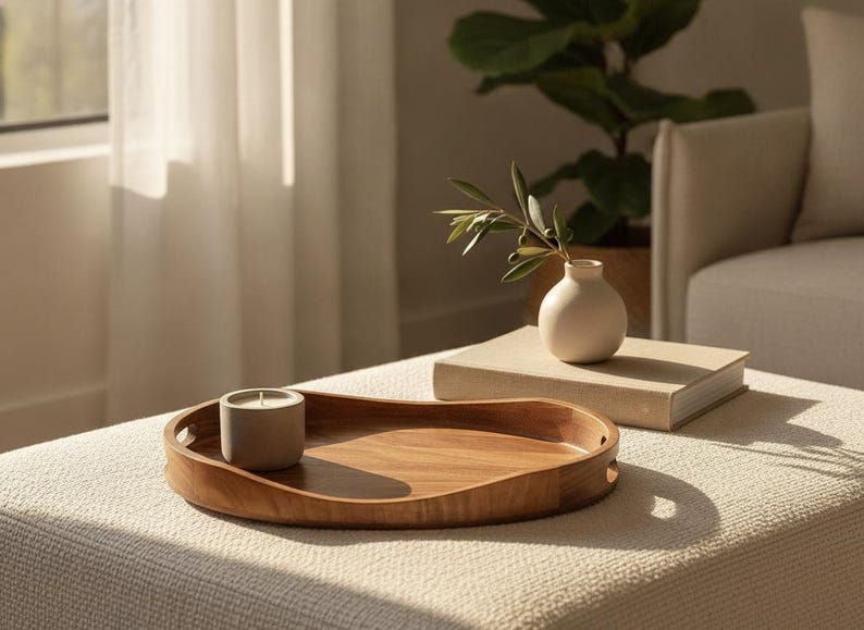 May include: A smooth, oval-shaped wooden tray with integrated side handles, featuring a warm brown wood grain. A small, cylindrical, light gray candle sits inside the tray, while a beige book and a small, round, off-white vase with green leaves sit nearby.