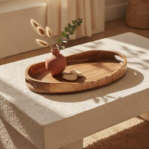 May include: An oval wooden serving tray with integrated handles, featuring a smooth, light brown grain. Inside the tray sits a small, matte terracotta-colored vase containing dried bunny tail grass and a single green eucalyptus stem.