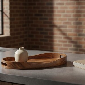 May include: An oval wooden tray with integrated side handles featuring a natural grain pattern. A small, smooth, cream-colored ceramic vase with a narrow neck sits inside the tray, positioned toward the left side of the wooden surface.