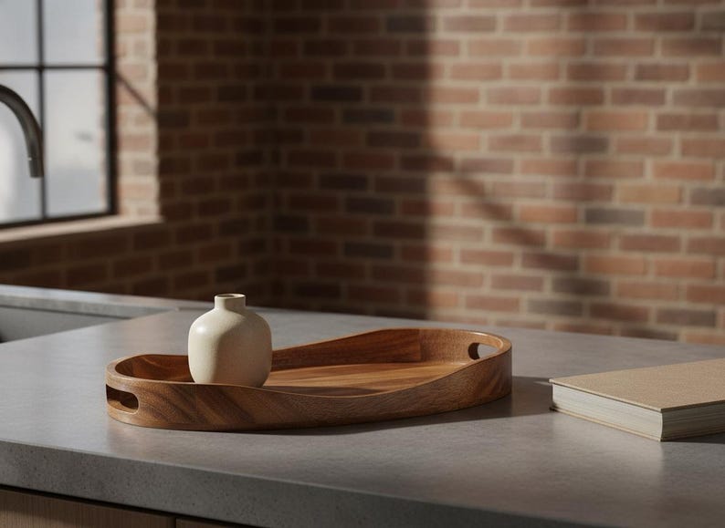 May include: An oval wooden tray with integrated side handles featuring a natural grain pattern. A small, smooth, cream-colored ceramic vase with a narrow neck sits inside the tray, positioned toward the left side of the wooden surface.