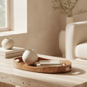 May include: An oval wooden tray with integrated handles holds a small, round, off-white ceramic vase and a stack of two square off-white coasters. A second identical off-white ceramic vase sits on a stack of two books to the left of the tray.