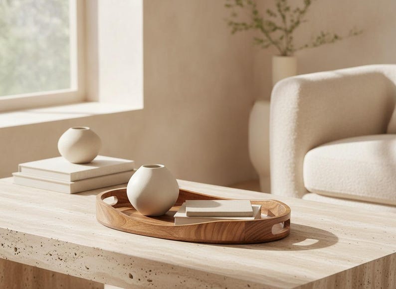 May include: An oval wooden tray with integrated handles holds a small, round, off-white ceramic vase and a stack of two square off-white coasters. A second identical off-white ceramic vase sits on a stack of two books to the left of the tray.