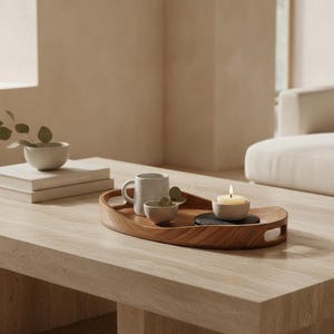 May include: A wooden oval tray with integrated handles holds a white ceramic mug, a small matching bowl with a green sprig, and a lit candle in a small bowl resting on a dark circular coaster. The tray is placed on a light-colored wooden table.