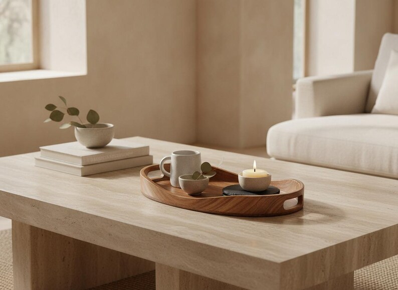 May include: A wooden oval tray with integrated handles holds a white ceramic mug, a small matching bowl with a green sprig, and a lit candle in a small bowl resting on a dark circular coaster. The tray is placed on a light-colored wooden table.