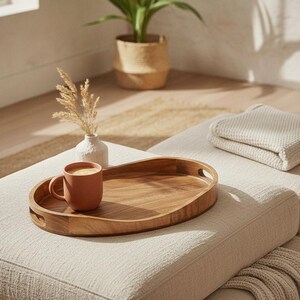 May include: An oval wooden serving tray with integrated side handles, featuring a smooth natural grain finish. A matte terracotta-colored ceramic mug filled with coffee sits on the tray, accompanied by a small white textured vase with dried grass.