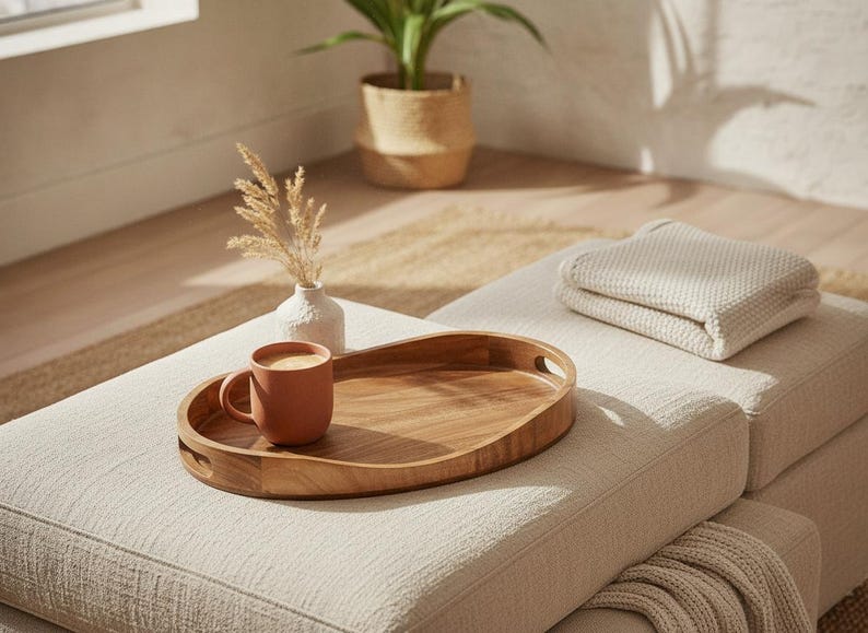 May include: An oval wooden serving tray with integrated side handles, featuring a smooth natural grain finish. A matte terracotta-colored ceramic mug filled with coffee sits on the tray, accompanied by a small white textured vase with dried grass.