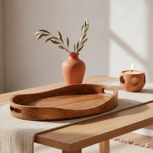 May include: An oval wooden tray with integrated handles, a terracotta vase containing green olive branches, and a small terracotta candle holder with a lit white candle. The items are arranged on a light-colored fabric runner on a wooden table.